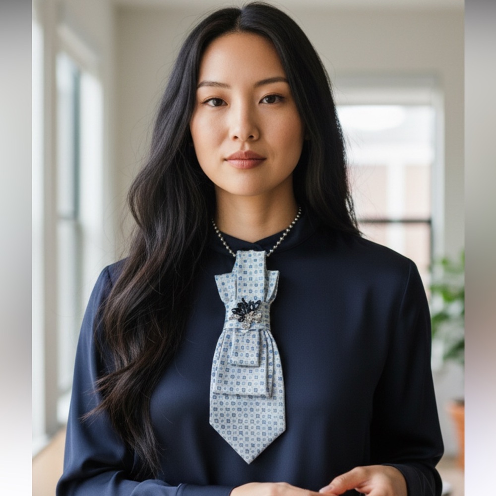 “Dainty Dapper”Elegant Blue Patterned Women's Tie Necklace with pretty brooch